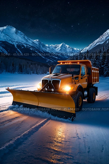 Special equipment snowplow clearing snow from road, snow-covered mountains, starry night. Snow plow tractor clears snow on ski resort, nighttime. Safety winter rustic road concept. Copy ad text space. Стоковое AI-изображение, AI-художник Aleksandr Golubev / Фотобанк Лори