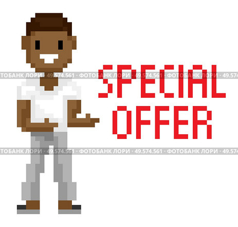 Special offer white page, man with dark skin shooting, portrait view of smiling male character, geometric person, pixel game, pixelated hero vector. Shooting Man, Special Offer, Pixel Game Vector. Стоковая иллюстрация, агентство Ingram Publishing / Фотобанк Лори