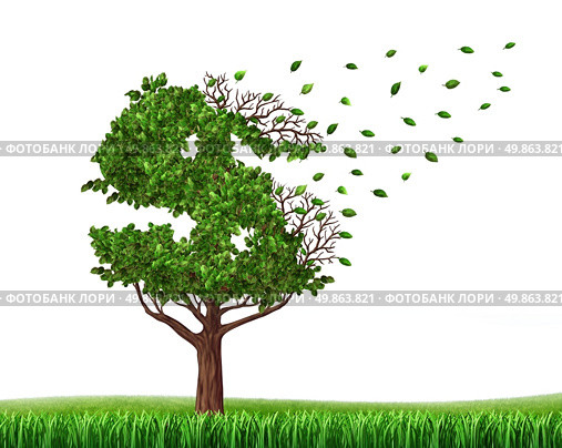 Spending money from savings and losing your investments and managing your debt and financial budget with a green tree in the shape of a dollar sign with leaves falling off as an icon of wealth loss and downgrade. Стоковое фото, агентство Ingram Publishing / Фотобанк Лори