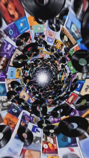 Spinning vinyl records swirling dynamically through luminous musical vortex, representing nostalgic sound experience with golden hued light emerging from spiraling album covers. Стоковое AI-видео, аниматор Данил Руденко / Фотобанк Лори