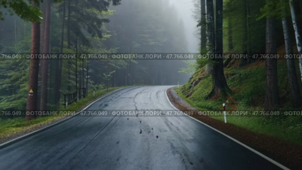 Спокойная туманная лесная дорога, петляющая среди пышной зелени в дождливый день. Стоковое AI-видео, аниматор ФотоИнтеллект / Фотобанк Лори