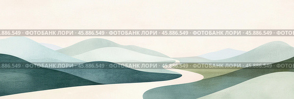 Спокойный пейзаж с извилистой рекой и холмами весной для отдыха на природе и декора. Стоковое AI-изображение, AI-художник ФотоИнтеллект / Фотобанк Лори