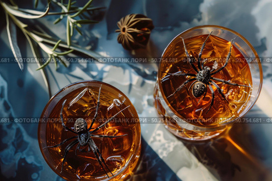 Spooky halloween cocktails with spiders and ice are waiting for the party. Стоковое AI-изображение, AI-художник Иван Рябоконь / Фотобанк Лори