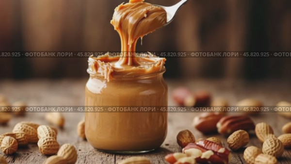 Spoon and glass jar with creamy peanut butter on kitchen table, closeup. Spoonful of peanut butter. Creamy Peanut butter and peanuts on the dark brown wooden table rustic background. Стоковое AI-видео, аниматор Марина Демидюк / Фотобанк Лори