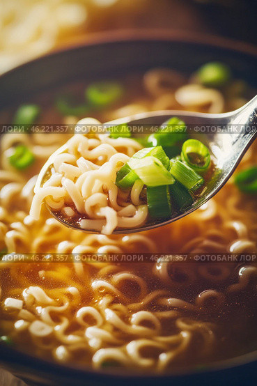 Spoon lifting instant noodles with chopped green onions from bowl. Стоковое AI-изображение, AI-художник Юрий Поздников / Фотобанк Лори