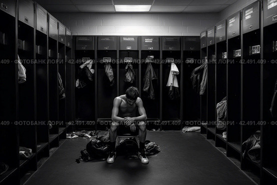 Sport boxer man alone in locker room. Generate ai. Стоковое AI-изображение, AI-художник Иван Рябоконь / Фотобанк Лори