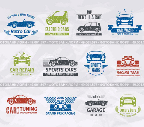 Sport racing car team logo stamps set isolated vector illustration. Car Logo Stamps. Стоковая иллюстрация, агентство Ingram Publishing / Фотобанк Лори