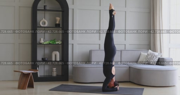 Спортивная женщина выполняет упражнения Ширшасана дома, стойка на голове, занимается йогой в черной спортивной одежде на коврике, вид в полный рост. Стоковое видео, видеограф Сергей Чайко / Фотобанк Лори