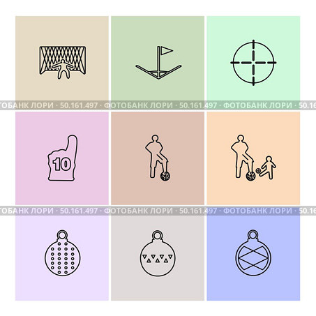 sports , games , atheletes , balls , fitness , football , fifa , russia , cricket , ball , bat , wicket, gym ,  tennis , running, race , hurdles , shoes , flag , icon, vector, design,  flat,  collection, style, creative,  icons. Стоковая иллюстрация, агентство Ingram Publishing / Фотобанк Лори