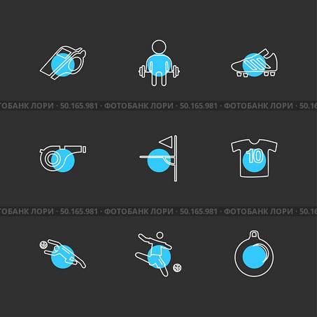 sports , games , atheletes , balls , fitness , football , fifa , russia , cricket , ball , bat , wicket, gym ,  tennis , running, race , hurdles , shoes , flag , icon, vector, design,  flat,  collection, style, creative,  icons. Стоковая иллюстрация, агентство Ingram Publishing / Фотобанк Лори