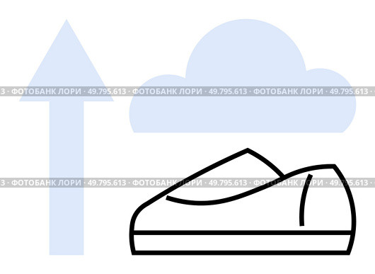 Sports shoe with upward-pointing arrow and cloud. Ideal for fitness, progress, aspirations, health, motivation, sportswear marketing, training programs. Line metaphor. Sports shoe with upward arrow and cloud, representing progress and aspirations in fitness goals. Стоковая иллюстрация, агентство Ingram Publishing / Фотобанк Лори