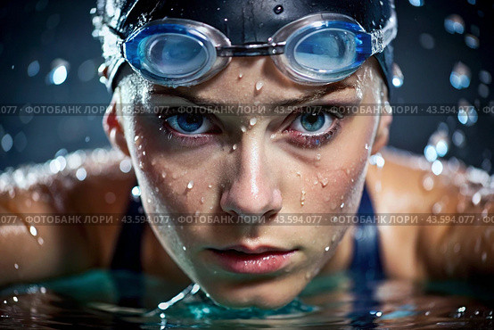 Sports swimming. Women's swim. An athlete wearing swimming glasses in a swimming pool at a close-up competition. The woman looks directly into the camera. Стоковое AI-изображение, AI-художник Photojuli / Фотобанк Лори