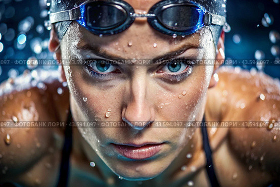Sports swimming. Women's swim. An athlete wearing swimming glasses in a swimming pool at a close-up competition. The woman looks directly into the camera. Стоковое AI-изображение, AI-художник Photojuli / Фотобанк Лори