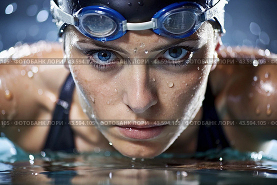 Sports swimming. Women's swim. An athlete wearing swimming glasses in a swimming pool at a close-up competition. The woman looks directly into the camera. Стоковое AI-изображение, AI-художник Photojuli / Фотобанк Лори