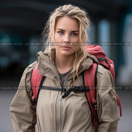 Sporty american woman backpacking - AI generated. Стоковое AI-изображение, AI-художник Данил Руденко / Фотобанк Лори