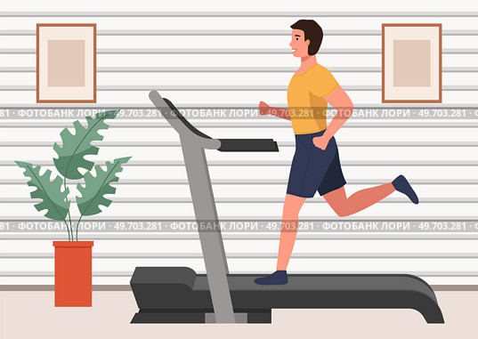 Sporty man doing morning exercise on treadmill. Running, playing sports at home. Cardio workout, working in gym concept. Running and fitness indoors. Guy exercising with sports equipment in apartment. Sporty man doing morning exercise on treadmill. Guy exercising with sports equipment at home. Стоковая иллюстрация, агентство Ingram Publishing / Фотобанк Лори