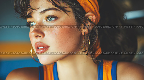 Sporty woman with blue eyes and bronzed skin enjoying an active lifestyle. Стоковое AI-изображение, AI-художник Ксения Лаптева / Фотобанк Лори