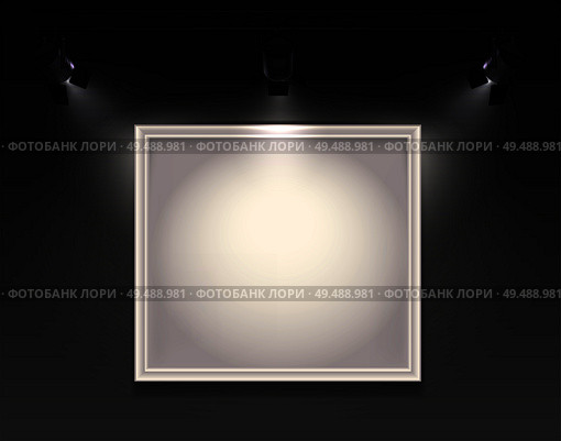 Spotlights realistic composition with view of wall with hanging empty frame highlighted by three spot lights vector illustration. Стоковая иллюстрация, агентство Ingram Publishing / Фотобанк Лори