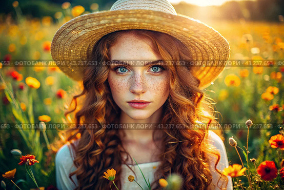 Spring flowering. Portrait of a beautiful curly-haired girl in a straw hat in a blooming field. The girl poses and looks at the camera. Стоковое AI-изображение, AI-художник Photojuli / Фотобанк Лори