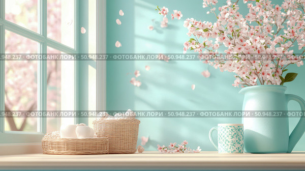 Spring interior concept with blossoming flowers in a blue vase, candle in basket next to window. Стоковое AI-изображение, AI-художник Данила Большаков / Фотобанк Лори