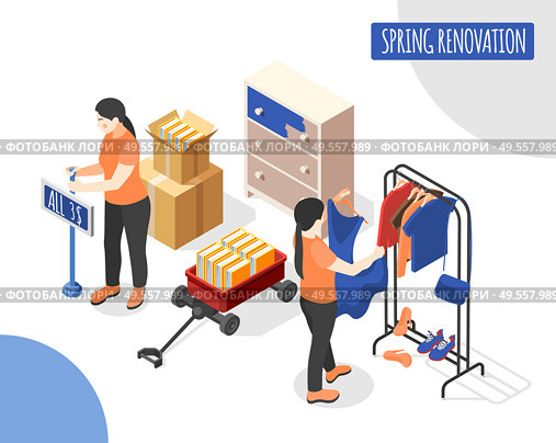 Spring renovation isometric background with saleswomen updating new collection of female clothes in shop trading hall vector illustration. Стоковая иллюстрация, агентство Ingram Publishing / Фотобанк Лори