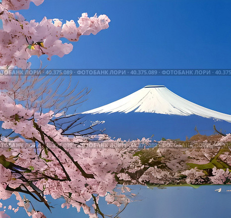 Spring sakura blossom, pagoda against the backdrop of Mount Fuji, landscape. Стоковое AI-изображение, AI-художник Сергей Елизарьев / Фотобанк Лори