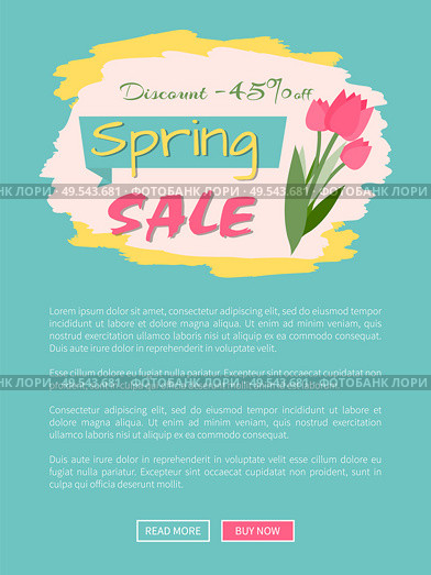 Spring sale, discount 45 percent off, webpage decorated by pink tulips, shopping online. Website with links buy and read now, springtime prices vector. Discount and Spring Sale, Pink Tulips, Web Vector. Стоковая иллюстрация, агентство Ingram Publishing / Фотобанк Лори