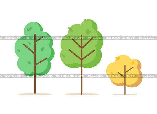 Spring season vector, isolated plants with big trunk, greenery of forest or park, yellow foliage of autumn tree, bushes of fall, leaves frondage flat style. Trees and Bushes of Autumn Fall and Spring Vector. Стоковая иллюстрация, агентство Ingram Publishing / Фотобанк Лори