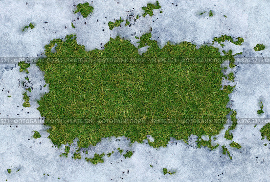Spring thaw frame with meting cold white snow disappearing and exposing green grass underneath the frosted ice with a blank area for copy space as a symbol of renewal and springtime concept. Стоковое фото, агентство Ingram Publishing / Фотобанк Лори