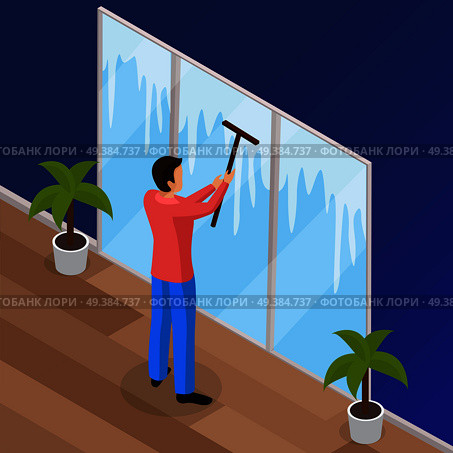 Spring thorough house cleaning works isometric background poster with man washing windows with squeegee wiper vector illustration . Spring Cleaning Isometric Background . Стоковая иллюстрация, агентство Ingram Publishing / Фотобанк Лори
