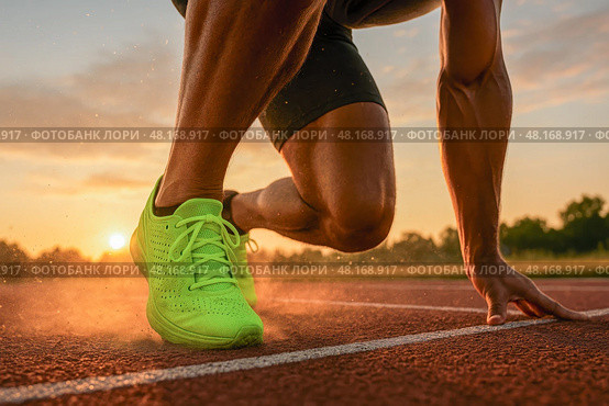 Sprinter in powerful starting stance on sunlit track wearing bright green racing shoes, confidence ambition discipline strength and fresh beginnings. Стоковое AI-изображение, AI-художник Павел Муравьев / Фотобанк Лори