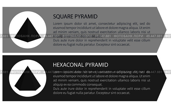 Square and hexagonal pyramid text sample and shapes set pyramid and headlines, information and titles, vector illustration isolated on black and white. Square and Hexagonal Pyramid Vector Illustration. Стоковая иллюстрация, агентство Ingram Publishing / Фотобанк Лори
