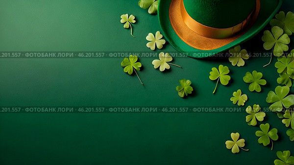 St. Patrick's Day, March 17th. Green background with clover leaves and a leprechaun hat. A copy of a flat space. Стоковое AI-изображение, AI-художник Photojuli / Фотобанк Лори