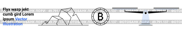 Stacked geometric rocks, Bitcoin symbol in coin, minimalist balance scale. Ideal for technology, finance, cryptocurrency, nature, minimalism, abstraction, and design themes. Landing page. Abstract artwork with stacked geometric rocks, Bitcoin symbol and minimalist balance scale in grayscale. Стоковая иллюстрация, агентство Ingram Publishing / Фотобанк Лори