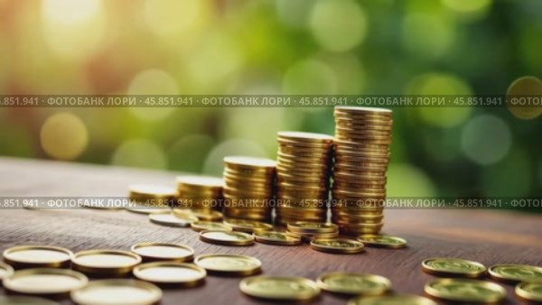 Stacked Gold Coins Shining Under Sunlight in a Lush Green Setting Promoting Financial Growth and Investment Strategies. Стоковое AI-видео, аниматор Sergey Grishin / Фотобанк Лори