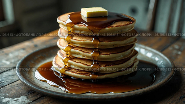 Stacked pancakes drizzled with syrup and topped with a pat of butter on a rustic wooden table. Стоковое AI-изображение, AI-художник Сергей Толмачёв / Фотобанк Лори