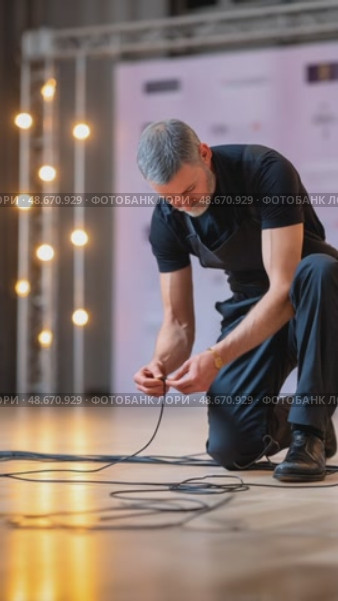 Stage technician connecting cables for event preparation. Стоковое AI-видео, аниматор Юрий Поздников / Фотобанк Лори