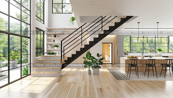 Staircase in a modern bright interior with panoramic windows. Стоковое AI-изображение, AI-художник Ярославский Максим / Фотобанк Лори