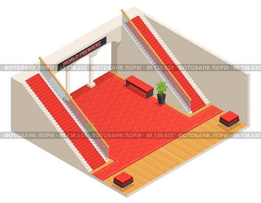 Stairs Interior Isometric Illustration. Color isometric design of foyer with red stairs and carpet vector illustration. Стоковая иллюстрация, агентство Ingram Publishing / Фотобанк Лори