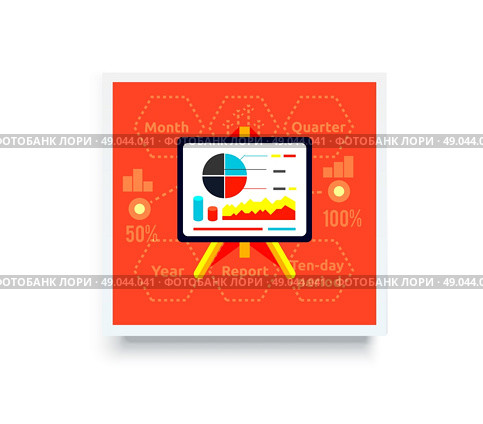 Stand with charts and parameters on red. Business concept of analytics. Poster banner on white background. Presentation and analysis, rating and performance indicators. Стоковая иллюстрация, агентство Ingram Publishing / Фотобанк Лори