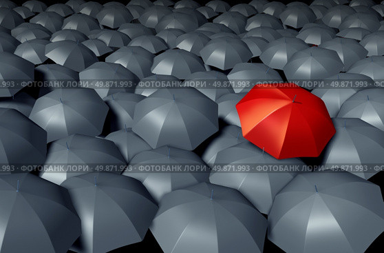 Standing Out From The Crowd with a red umbrella against a group of gray umbrellas as a storm weather business concept of unique and different protection and security. Стоковое фото, агентство Ingram Publishing / Фотобанк Лори