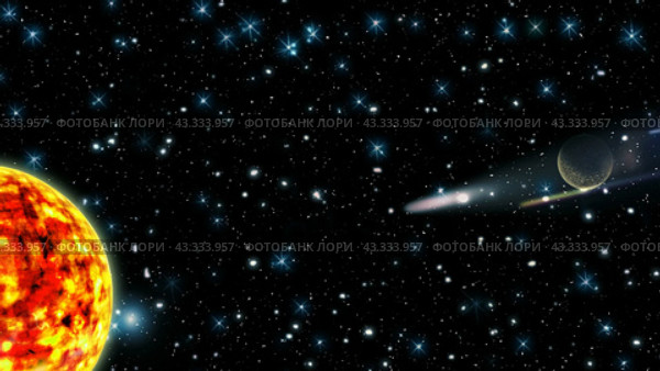 Starfall in space. The appearance of the red giant planet. Animated 4K video. Стоковая анимация, аниматор Дмитрий Кобзев / Фотобанк Лори