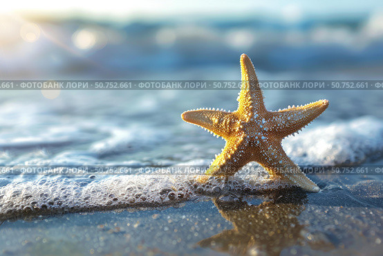 Starfish resting on the seashore at sunset, embracing the tranquil ocean waves. Стоковое AI-изображение, AI-художник Иван Рябоконь / Фотобанк Лори