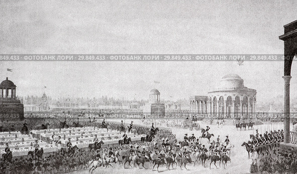 Старинная литография. Старая Москва. Народное празднование на Девичьем поле во время коронации Николая первого в 1826 году (2019 год). Стоковое фото, фотограф Игорь Низов / Фотобанк Лори