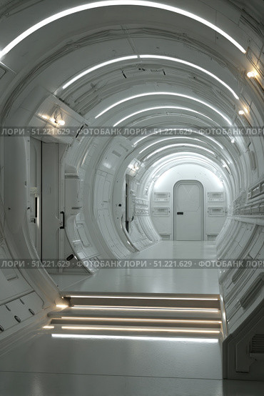 Stark white spaceship corridor ascending, bathed in luminescent glow. Sleek sci fi interior revealing minimalist design with smooth curved surfaces. Emanating pristine technological ambiance. Стоковое AI-изображение, AI-художник Юрий Поздников / Фотобанк Лори