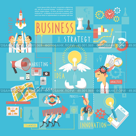 Startup business plan strategic schema with infographic elements poster of marketing analyzing  teamwork abstract sketch vector illustration. Business concept infographic elements poster. Стоковая иллюстрация, агентство Ingram Publishing / Фотобанк Лори