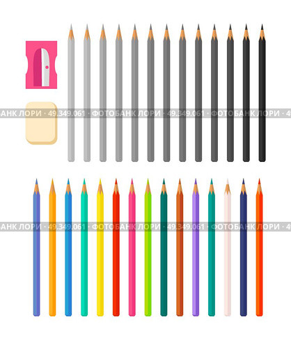 Stationery Illustration with Icons Various Pencils. Stationery isolated vector illustration with icons of various colored pencils placed vertically along with white rectangular eraser and plastic sharpener. Стоковая иллюстрация, агентство Ingram Publishing / Фотобанк Лори