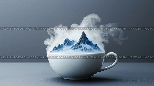 Steam rising from a coffee cup forms an intricate mountain landscape. Кофейная чашка выпускает пар, который причудливо складывается в горный хребет, создавая художественное отображение природы и тепла. В этой сцене запечатлен момент спокойствия и творчества. Стоковое AI-изображение, AI-художник Katsiaryna Repich / Фотобанк Лори