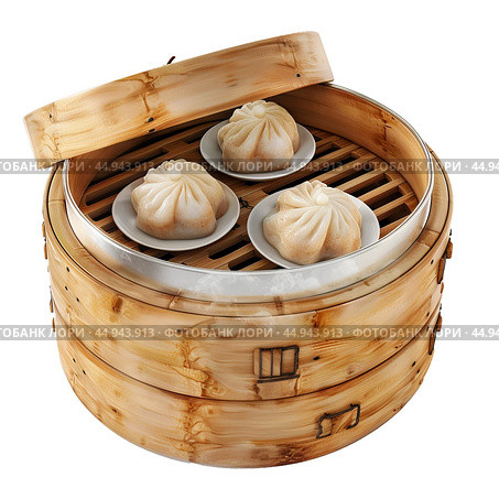 Steaming basket releasing hot steam with delicious baozi dumplings inside. Стоковое AI-изображение, AI-художник Иван Рябоконь / Фотобанк Лори