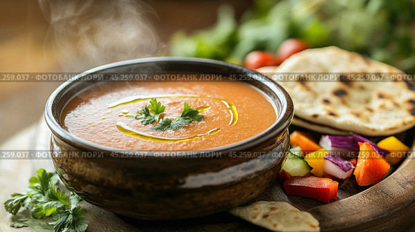 Steaming hot gazpacho soup with pita bread and fresh vegetables. Стоковое AI-изображение, AI-художник Юрий Поздников / Фотобанк Лори